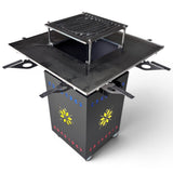Gratar Gradina cu plita 10 mm Fire Pit 75x75 cm din fier pe lemne, pentru terasa  CU BLAT DE LEMN SI MOTIVE TRADITIONALE - BUZ.RO