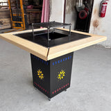 Gratar Gradina cu plita 10 mm Fire Pit 75x75 cm din fier pe lemne, pentru terasa  CU BLAT DE LEMN SI MOTIVE TRADITIONALE - BUZ.RO