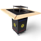 Gratar Gradina cu plita 10 mm Fire Pit 75x75 cm din fier pe lemne, pentru terasa  CU BLAT DE LEMN SI MOTIVE TRADITIONALE - BUZ.RO