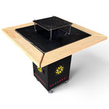 Gratar Gradina cu plita 10 mm Fire Pit 75x75 cm din fier  pe lemne, pentru terasa   CU BLAT DE LEMN SI MOTIVE TRADITIONALE