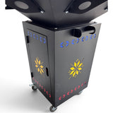 Gratar Gradina cu plita 10 mm Fire Pit 75x75 cm din fier pe lemne, pentru terasa  CU BLAT DE LEMN SI MOTIVE TRADITIONALE - BUZ.RO