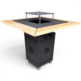 Gratar Gradina cu plita 10 mm Fire Pit 75x75 cm din fier  pe lemne, pentru terasa   CU BLAT DE LEMN SI MOTIVE TRADITIONALE