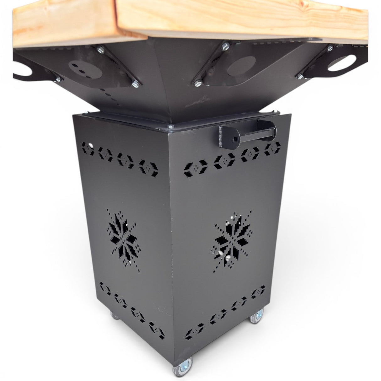 Gratar Gradina cu plita 10 mm Fire Pit 75x75 cm din fier  pe lemne, pentru terasa   CU BLAT DE LEMN SI MOTIVE TRADITIONALE