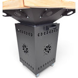 Gratar Gradina cu plita 10 mm Fire Pit 75x75 cm din fier  pe lemne, pentru terasa   CU BLAT DE LEMN SI MOTIVE TRADITIONALE