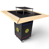 Gratar Gradina cu plita 10 mm Fire Pit 75x75 cm din fier  pe lemne, pentru terasa   CU BLAT DE LEMN SI MOTIVE TRADITIONALE