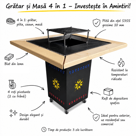 Gratar Gradina cu plita 10 mm Fire Pit 75x75 cm din fier pe lemne, pentru terasa  CU BLAT DE LEMN SI MOTIVE TRADITIONALE - BUZ.RO
