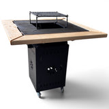 Gratar Gradina cu plita 10 mm Fire Pit 75x75 cm din fier  pe lemne, pentru terasa   CU BLAT DE LEMN SI MOTIVE TRADITIONALE