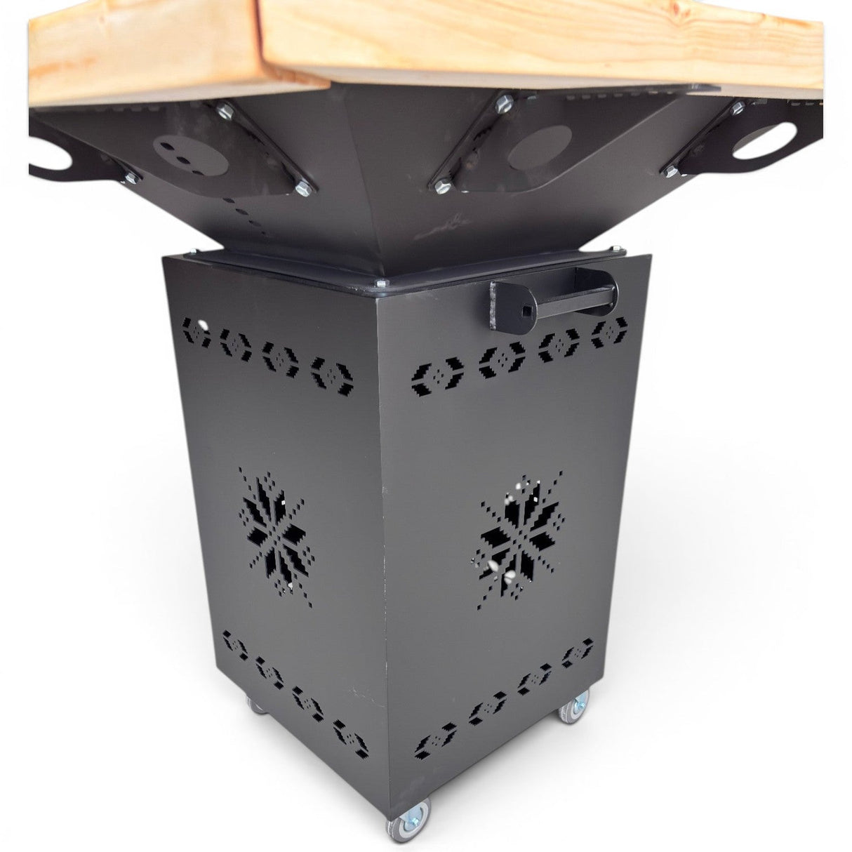 Gratar Gradina cu plita 10 mm Fire Pit 75x75 cm din fier pe lemne, pentru terasa  CU BLAT DE LEMN SI MOTIVE TRADITIONALE - BUZ.RO