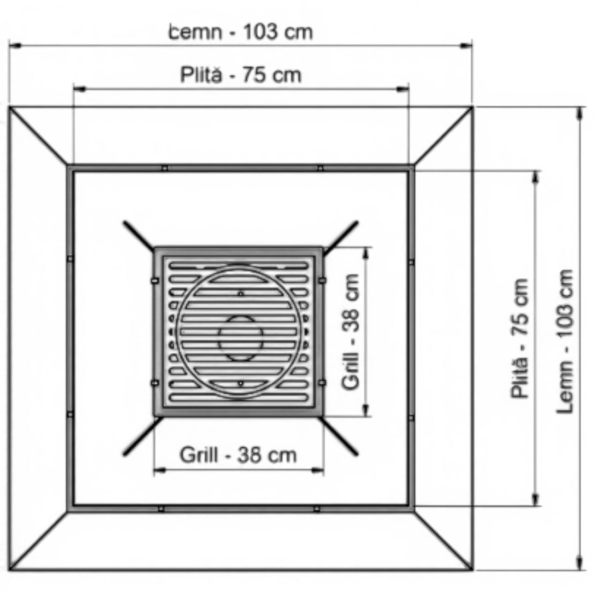 Gratar Gradina cu plita 10 mm Fire Pit 75x75 cm din fier  pe lemne, pentru terasa   CU BLAT DE LEMN SI MOTIVE TRADITIONALE