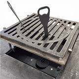 Gratar Gradina cu plita 10 mm Fire Pit 75x75 cm din fier  pe lemne, pentru terasa   CU BLAT DE LEMN SI MOTIVE TRADITIONALE