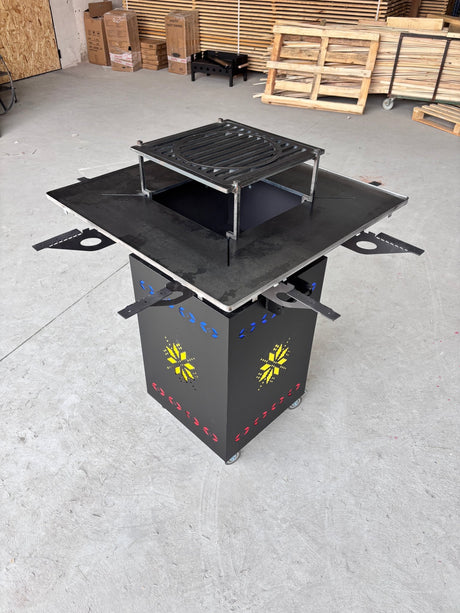 Gratar Gradina cu plita 10 mm Fire Pit 75x75 cm din fier pe lemne, pentru terasa FARA BLAT DE LEMN - BUZ.RO