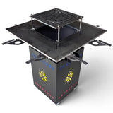 Gratar Gradina cu plita 10 mm Fire Pit 75x75 cm din fier  pe lemne, pentru terasa   CU BLAT DE LEMN SI MOTIVE TRADITIONALE