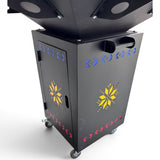Gratar Gradina cu plita 10 mm Fire Pit 75x75 cm din fier  pe lemne, pentru terasa   CU BLAT DE LEMN SI MOTIVE TRADITIONALE