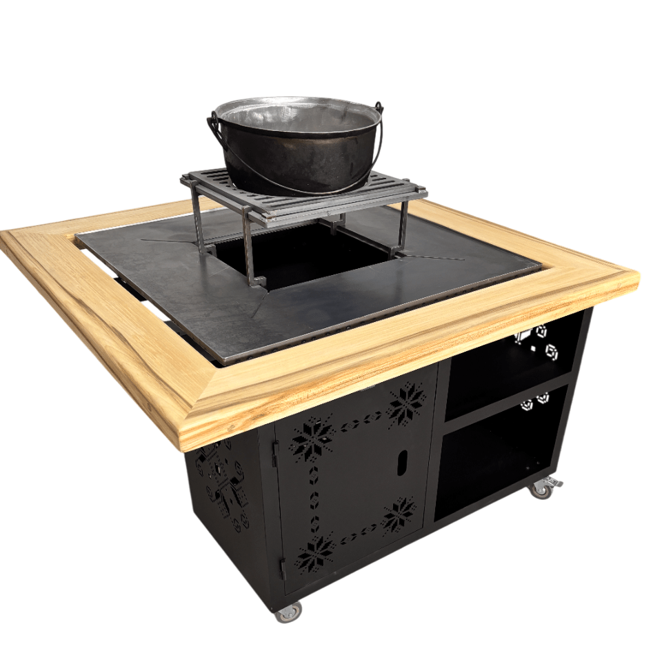 Gratar gradina cu plita 75 cm + blat lemn Firepit din otel 10 mm - BUZ.RO