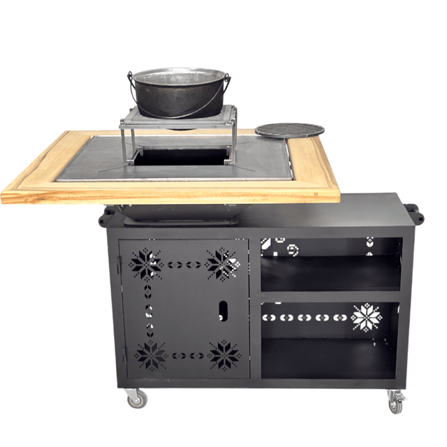 Gratar gradina cu plita 75 cm + blat lemn Firepit din otel 10 mm - BUZ.RO