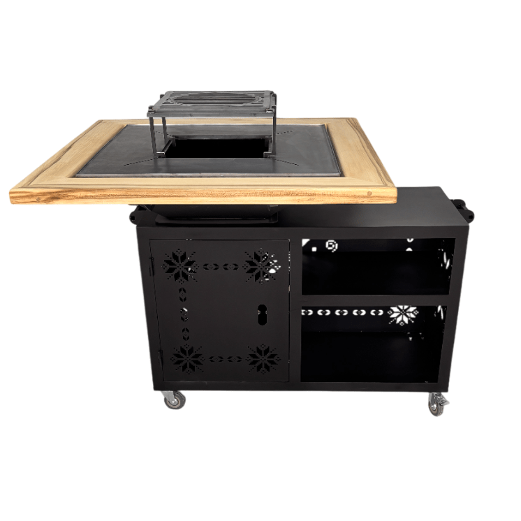Gratar gradina cu plita 75 cm + blat lemn Firepit din otel 10 mm - BUZ.RO