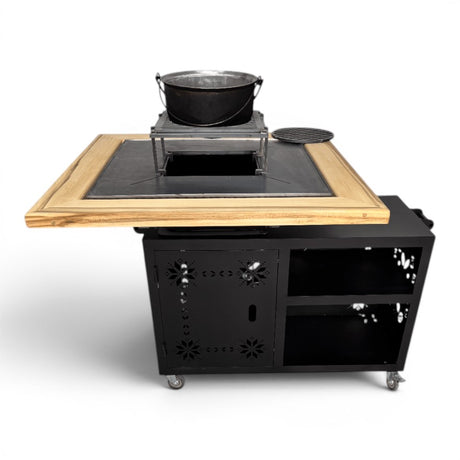 Gratar gradina cu plita 75 cm + blat lemn Firepit din otel 10 mm