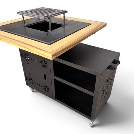 Gratar gradina cu plita 75 cm + blat lemn Firepit din otel 10 mm