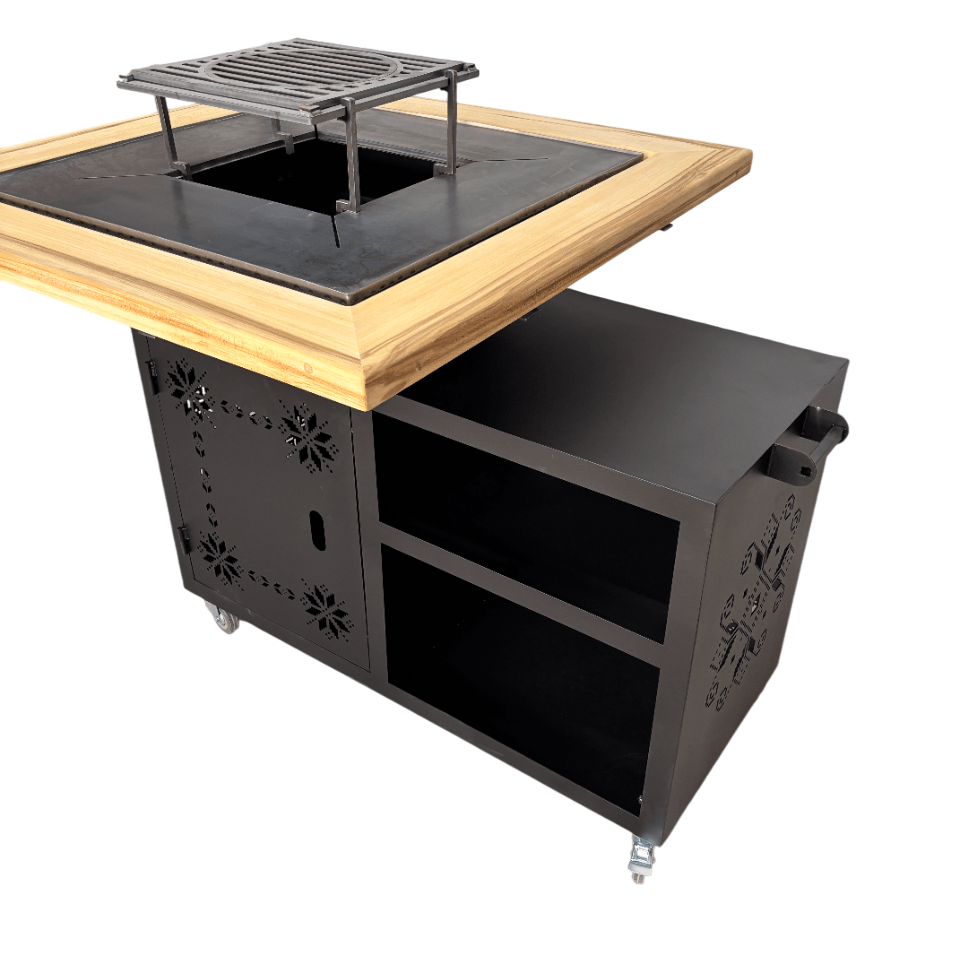 Gratar gradina cu plita 75 cm + blat lemn Firepit din otel 10 mm - BUZ.RO
