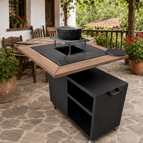 Gratar gradina cu plita 75 cm otel 10 mm|blat lemn cutie cenusa si reglare tiraj - BUZ.RO