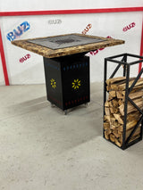 Gratar gradina cu plita 75x75 cm, Fire Pit din otel 10 mm pe lemne cu BLAT DE LEMN Ars - BUZ.RO
