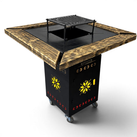 Gratar gradina cu plita 75x75 cm, Fire Pit din otel 10 mm pe lemne cu BLAT DE LEMN Ars - BUZ.RO