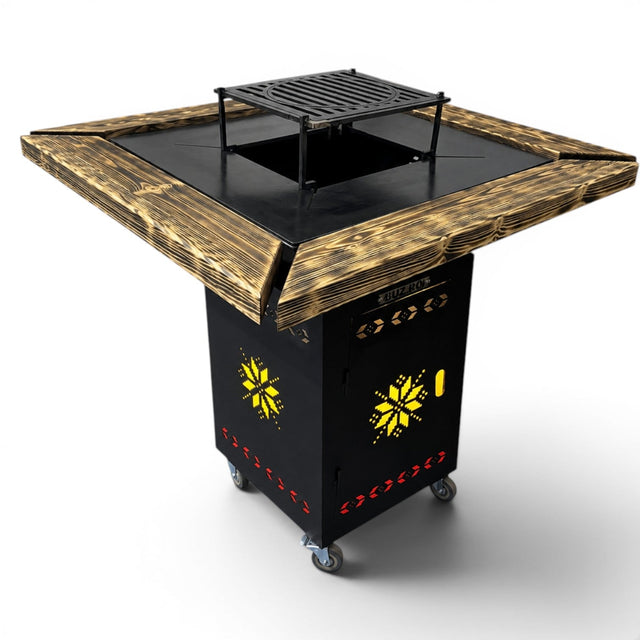 Gratar gradina cu plita 75x75 cm, Fire Pit din otel 10 mm pe lemne cu BLAT DE LEMN Ars - BUZ.RO
