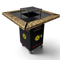Gratar gradina 107x107cm| plita 75x75 cm|Fire Pit din otel 10 mm pe lemne cu BLAT DE LEMN Ars|cenusar|reglare tiraj