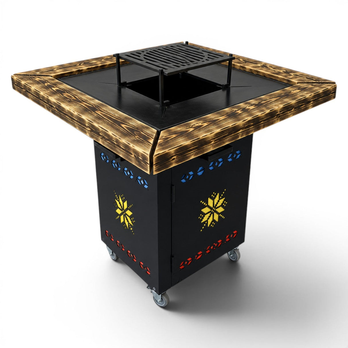 Gratar gradina cu plita 75x75 cm, Fire Pit din otel 10 mm pe lemne cu BLAT DE LEMN Ars - BUZ.RO