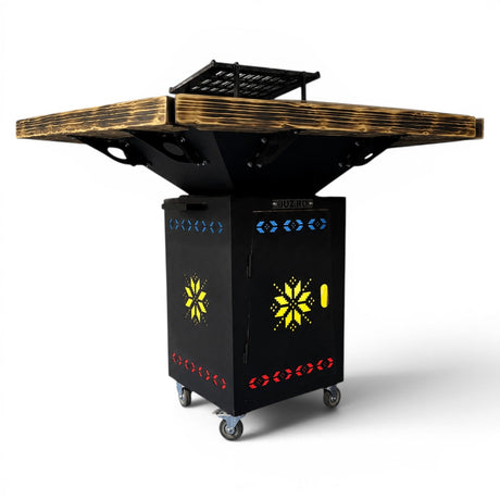 Gratar gradina cu plita 75x75 cm, Fire Pit din otel 10 mm pe lemne cu BLAT DE LEMN Ars - BUZ.RO