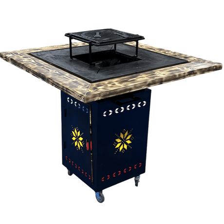 Gratar gradina cu plita 75x75 cm, Fire Pit din otel 10 mm pe lemne cu BLAT DE LEMN Ars - BUZ.RO