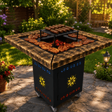 Gratar gradina cu plita 75x75 cm, Fire Pit din otel 10 mm pe lemne cu BLAT DE LEMN Ars - BUZ.RO