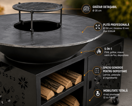 Gratar gradina cu plita 8/ 10 mm diametru 100 cm Fire Pit+ masa lucru+ spatiu depozitare | lemn brad|frasin|stejar|nuc - BUZ.RO