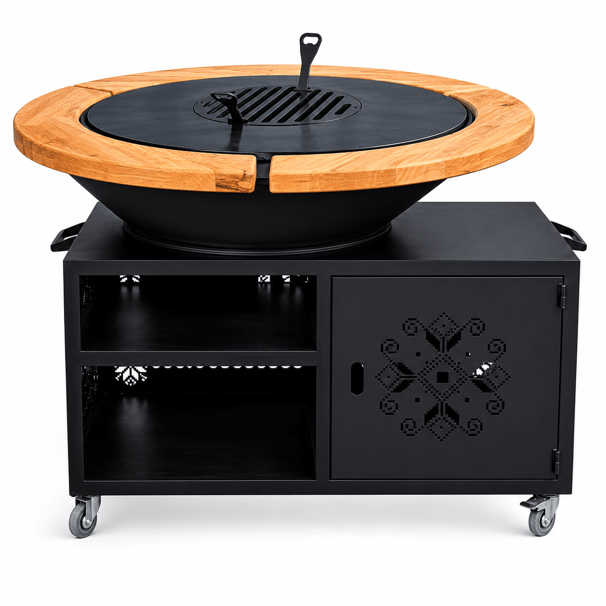 Gratar gradina cu plita 8/ 10 mm diametru 95 cm Fire Pit+ masa lucru+ spatiu depozitare |blat lemn - BUZ.RO