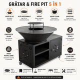 Gratar gradina cu plita 8/ 10 mm diametru 95 cm Fire Pit+ masa lucru+ spatiu depozitare |blat lemn - BUZ.RO