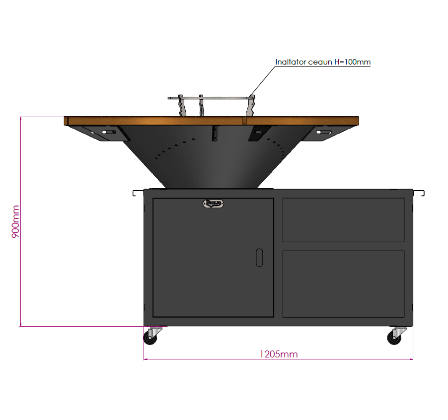 Gratar gradina cu plita 8/ 10 mm diametru 95 cm Fire Pit+ masa lucru+ spatiu depozitare |blat lemn - BUZ.RO