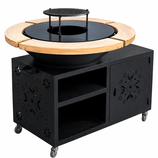 Gratar gradina cu plita 8/ 10 mm diametru 95 cm Fire Pit+ masa lucru+ spatiu depozitare |blat lemn - BUZ.RO