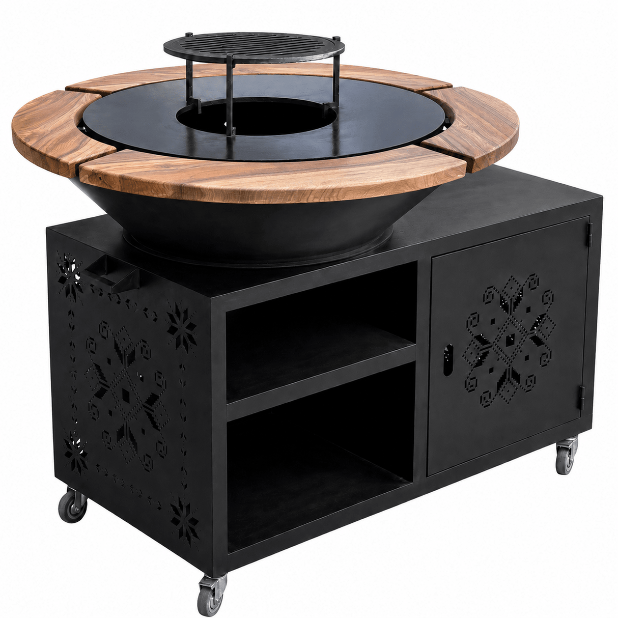Gratar gradina cu plita 8/ 10 mm diametru 95 cm Fire Pit+ masa lucru+ spatiu depozitare |blat lemn - BUZ.RO