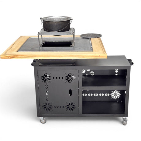 Gratar gradina cu plita 95 cm + blat lemn Firepit din otel 10 mm - BUZ.RO