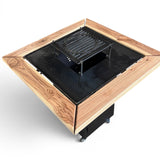 Gratar Gradina cu plita 10 mm Fire Pit 75x75 cm din fier  pe lemne, pentru terasa   CU BLAT DE LEMN SI MOTIVE TRADITIONALE