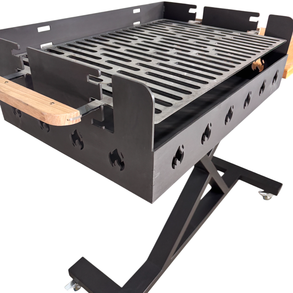 Gratar gradina portabil, premium, cu masa lucru, reglabil pe inaltime de gatire , din otel carbon, suport de lucru, pentru camping