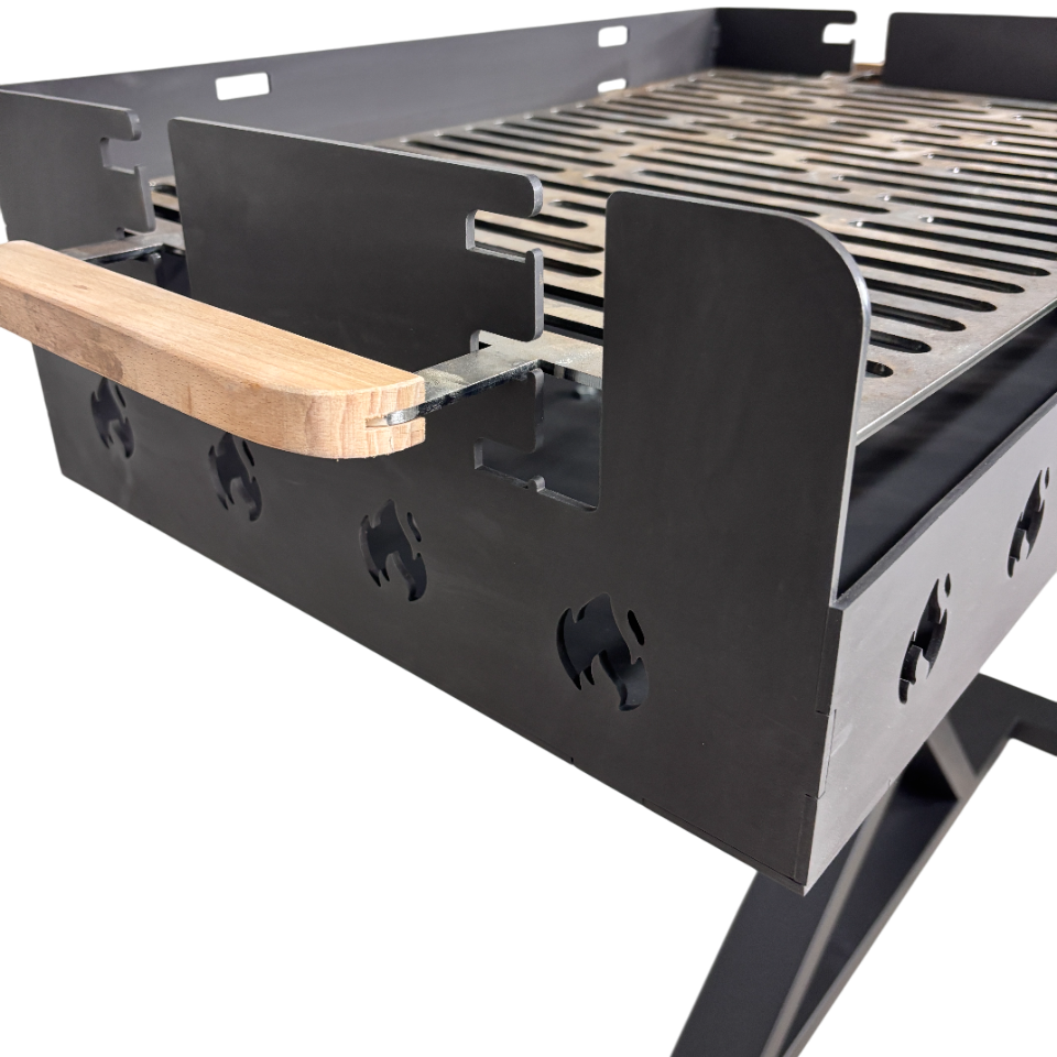 Gratar gradina portabil, premium, cu masa lucru, reglabil pe inaltime de gatire , din otel carbon, suport de lucru, pentru camping