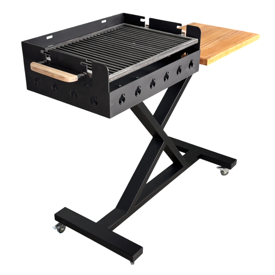 Gratar gradina portabil, premium, cu masa lucru, reglabil pe inaltime de gatire , din otel carbon, suport de lucru, pentru camping