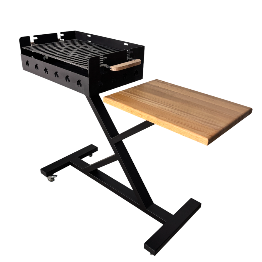 Gratar gradina portabil, premium, cu masa lucru, reglabil pe inaltime de gatire , din otel carbon, suport de lucru, pentru camping