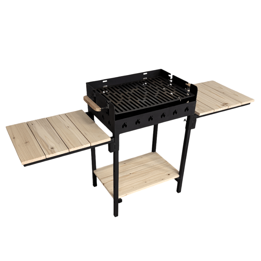 Gratar gradina portabil, cu masa lucru, reglabil pe inaltime de gatire , din otel carbon, suport de lucru, pentru camping, 65X45X95 CM 3 mm grosime tabla - BUZ.RO