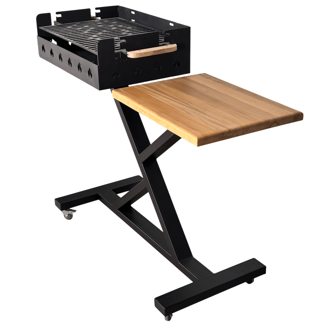 Gratar gradina portabil, premium, cu masa lucru, reglabil pe inaltime de gatire , din otel carbon, suport de lucru, pentru camping - BUZ.RO
