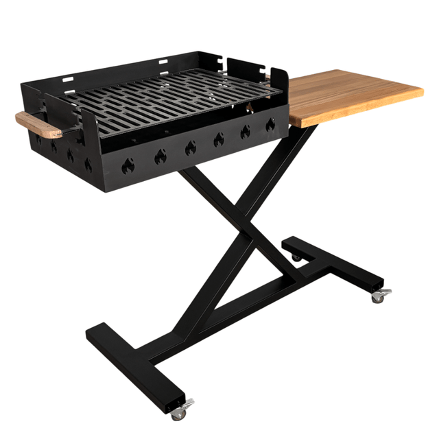 Gratar gradina portabil, premium, cu masa lucru, reglabil pe inaltime de gatire , din otel carbon, suport de lucru, pentru camping - BUZ.RO