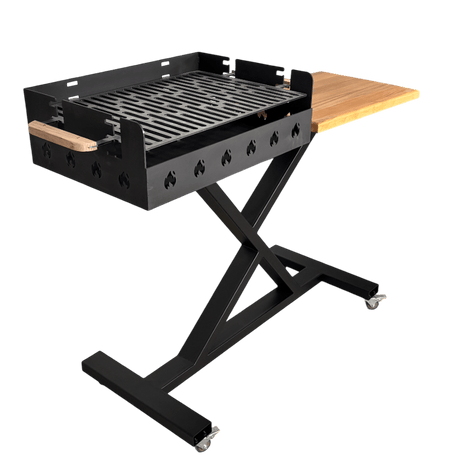 Gratar gradina portabil, premium, cu masa lucru, reglabil pe inaltime de gatire , din otel carbon, suport de lucru, pentru camping - BUZ.RO