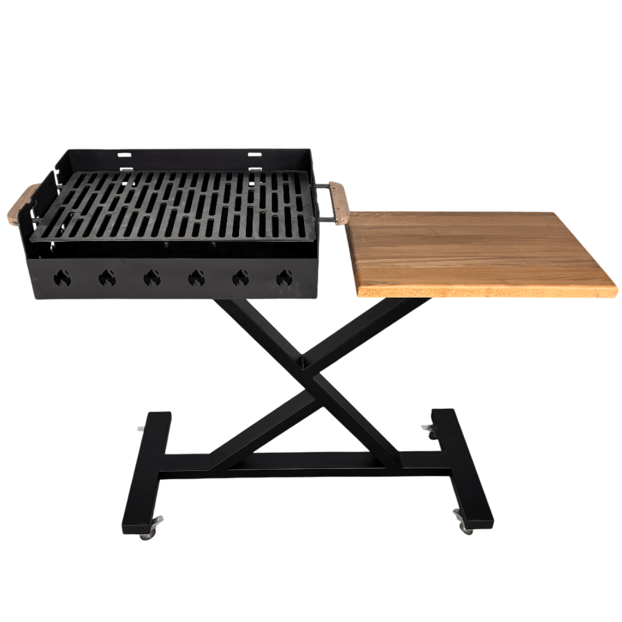 Gratar gradina portabil, premium, cu masa lucru, reglabil pe inaltime de gatire , din otel carbon, suport de lucru, pentru camping - BUZ.RO