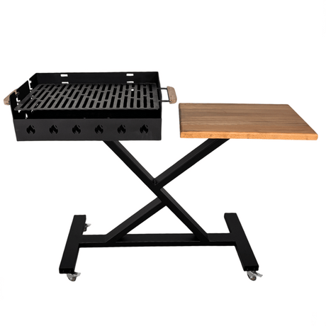 Gratar gradina portabil, premium, cu masa lucru, reglabil pe inaltime de gatire , din otel carbon, suport de lucru, pentru camping - BUZ.RO